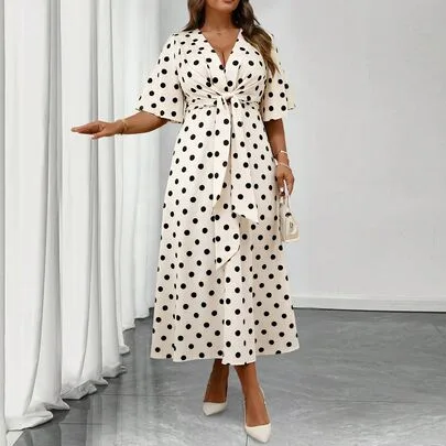 Elegant V-Neck Ruffle Short Sleeve Tie-Waist A-Line Maxi Dress