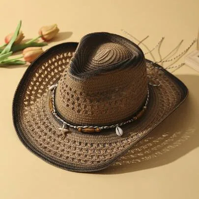 Starfish Decor Dyeing Printed Adjustable Hollow Out Handmade Hand Woven Wide Brim Hat with Beaded Trim Band by SHEIN