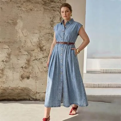 Cap Sleeve Denim Dress Without Belt by MOTF