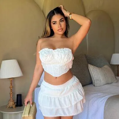 Ruched Textured Fabric Bustier Crop Top with Ruffle Hem by Maria Perezxox