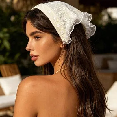 Bohemian Floral Mesh Hairband, Beige Daisy Lace Hair Accessory by SHEIN