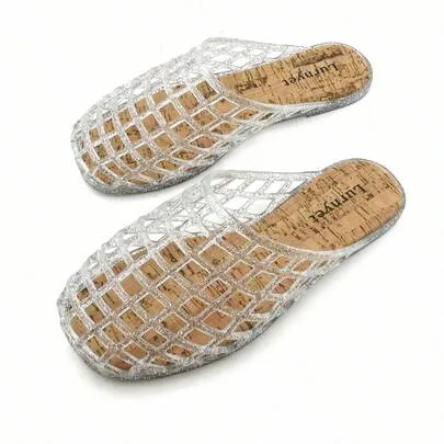 Clear Jelly Mesh Slide Sandals Slip on Closed Toe Flats by SHEIN