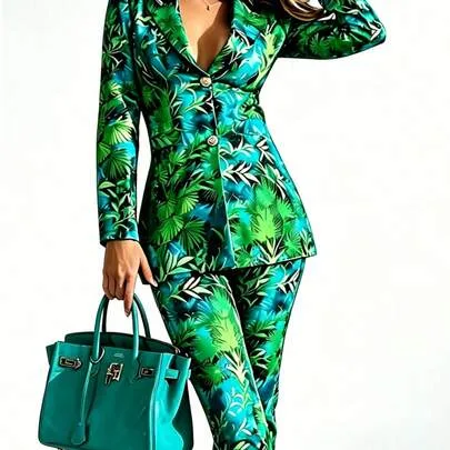 Printed Two-Piece Jacket Buttoned Collar and Trousers by SHEIN