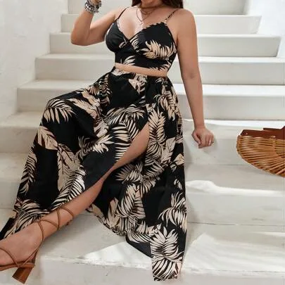 Tropical Print Cami Top & Split Thigh Skirt by SHEIN