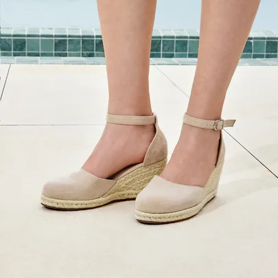 Platform & Wedge Slip-On Shoes, Wedge Thick Bottom Sandals Minimalist Ankle Strap Espadrilles Faux Leather Wedge Sandals
