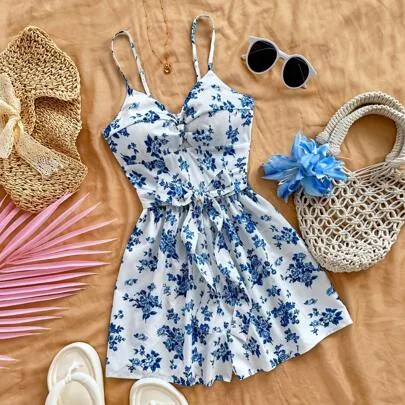 Romantic Floral Print Criss-Cross Front Tied Ruched Wide Leg Romper by Soleia