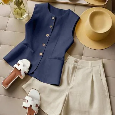 Sleeveless Open Front Comfortable Vacation 2 Pieces Set by Franclia
