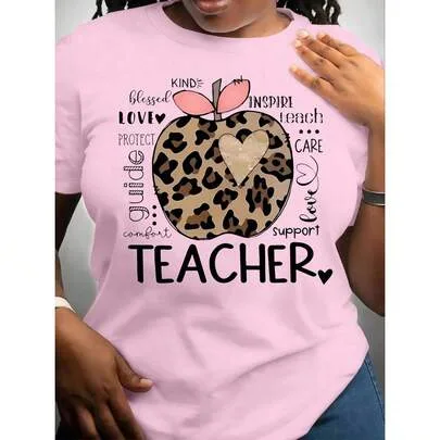 Teacher Appreciation Casual Short Sleeve Graphic T-Shirt, Heart & Apple Print by SHEIN