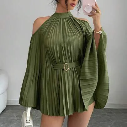 Elegant Vacation Cinched Waist Flare Sleeve Mid-Length Shirt Top by SHEIN
