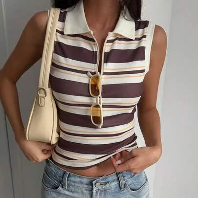 Casual Striped Collar Zip-Up Top Y2K by DAZY