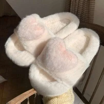 Open Toe 3D Heart Plush Indoor Slippers with Thick Bottom