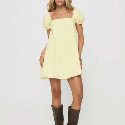 Mini A-Line Square Neck Puff Sleeve Beach Sundress by SHEIN