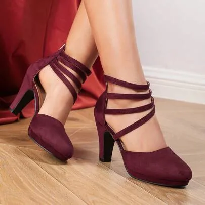 High Heel Shoes with Ankle Strap Hollow Design Cross Strap Decoration Platform Round Toe Suede by SHEIN