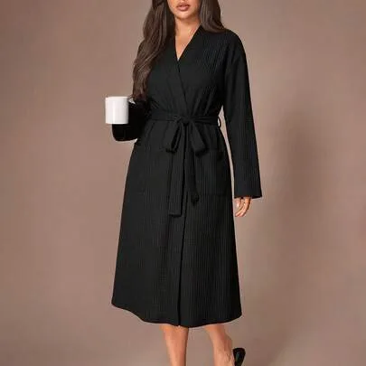 Double Pocket Drop Shoulder Waffle Knit Belted Robe by Lazeform