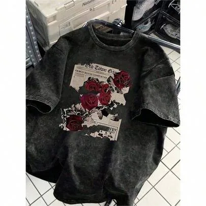100% Cotton Retro Rose and Newspaper Cartoon Letter Pattern Print T-Shirt