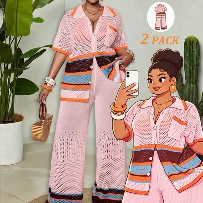 Crochet Knit Two-Piece Openwork Short Sleeve Shirt Wide Leg Pants Set by Maweii
