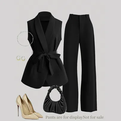 Sleeveless Suit Vest Jacket with Belt by Franclia