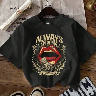 Vintage Lip Print Crew Neck Short Sleeve Cotton Blend T-Shirt by Attitoon