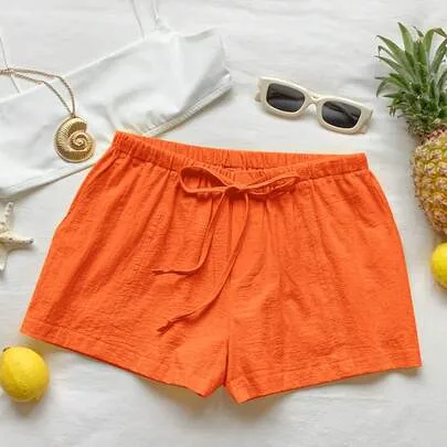 Casual Loose Drawstring Solid Color Linen Shorts by Comfortcana