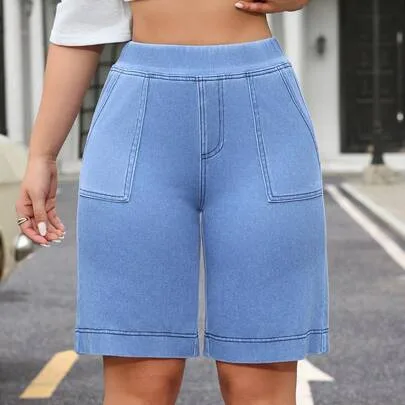 Elastic Waist Pocket Casual Denim Shorts by Flexra