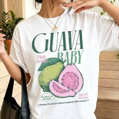 Hawaiian Guava Fruit Graphic Vintage Tropical Retro Beach Surf Heavy Cotton Tee by SHEIN