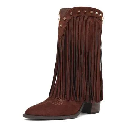 Vintage Fringe Cowboy Boots Pointed Toe Chunky Heel Embroidered by SHEIN