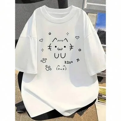 Anime-Inspired Cute Cat & Text Print Oversized T-Shirt by SHEIN
