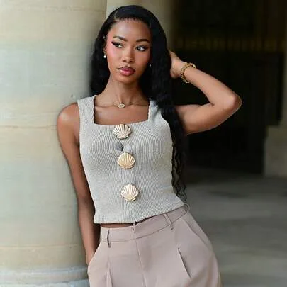 Square Neck Sleeveless Shell Embellished Ribbed Tank Top by Mima John