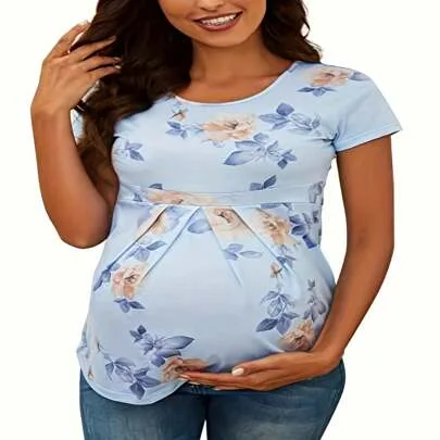 Maternity Short Sleeve Round Neck Front Pleat Peplum Tunic Top by SHEIN