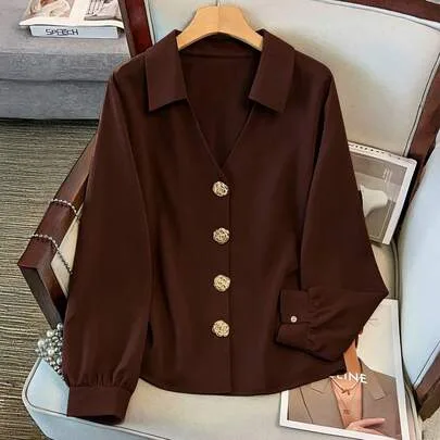 V-Neck Long Sleeve Smooth Fabric Rose Metal Decorative Button Pullover Shirt by GlowEve CURVE