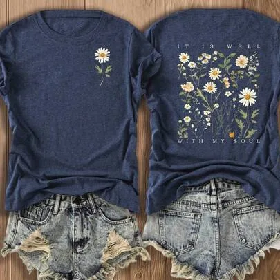 Double-Sided Printed Daisy Floral 100% Cotton Graphic T-Shirt by SHEIN
