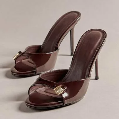 Slip-On Metal Coated Heel Sandals with Lock Decor by Hauture