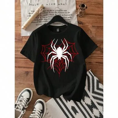 Spider Printed Round Neck Short Sleeve T-Shirt by SHEIN