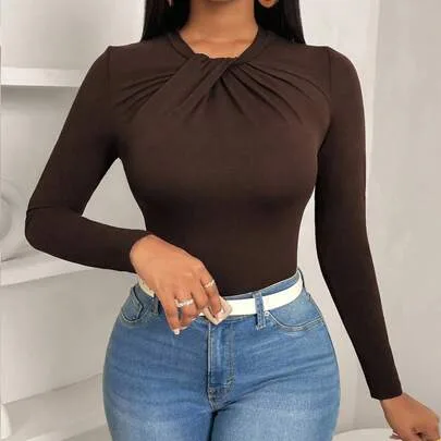 Bowknot Collar Slim Fitted Ruffled Hem Solid Color Long Sleeve T-Shirt by VaVaBold