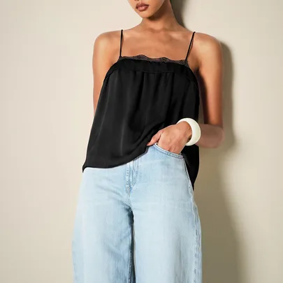 Satin Cami Top with Lace Trim Neckline Flowy Silhouette Spaghetti Straps Elegant Summer Evening Camisole by KSTM