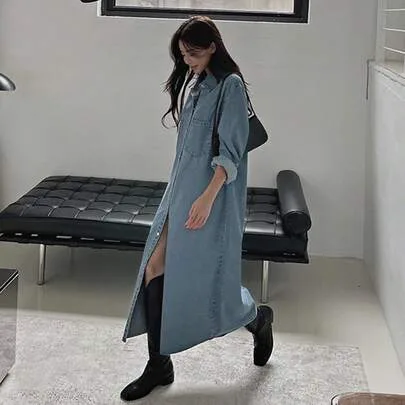 Loose Denim Dress with Front Button Closure and Dropped Shoulder Maxi Dress