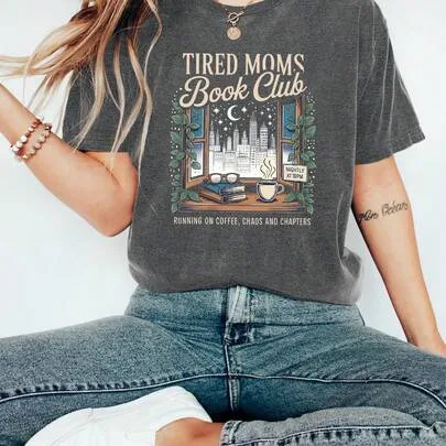 Tired Mom Book Club Graphic T-Shirt Short Sleeve Crew Neck Casual Top by SHEIN