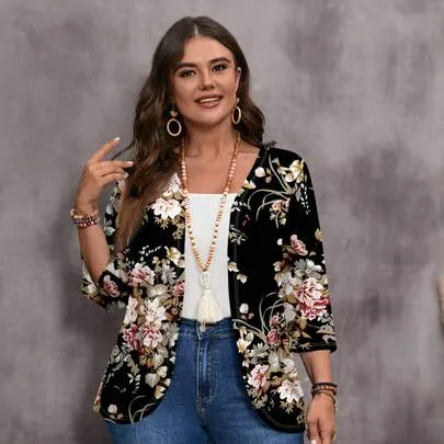 Casual Minimalist Rose Flower Print Lightweight Jacket by Luneh