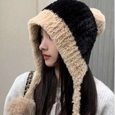 Oversized Plush Pom Pom Earflap Hat Thick Knitted Beanie with Lining by SHEIN