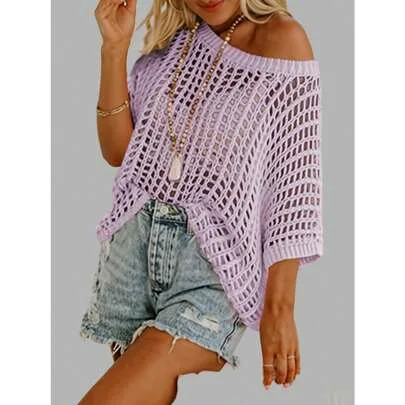 Crochet Pullover Top Hollow Out Short Sleeve Knit Beach Vacation Shirt by SHEIN