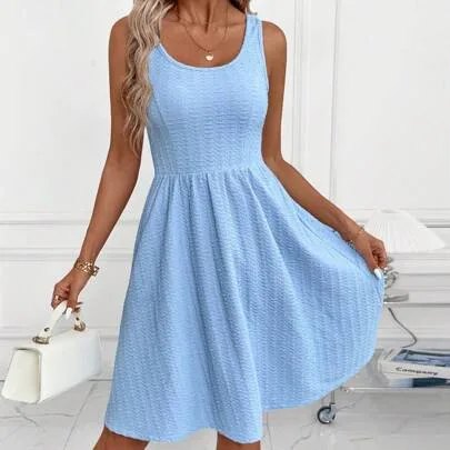 Elegant Romantic Textured Jacquard Sleeveless Dress High Waist A-Line Stretch Knit by SHEIN