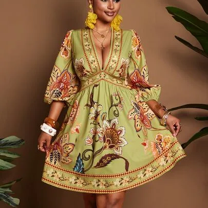 Deep V-Neck Floral Print Ruched Casual Tropical Party Vacation Mini Dress by SHEIN