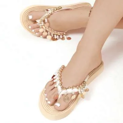 Pearl Tassel Chain Decor Flat Sandals Faux Straw Woven Casual Style