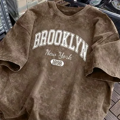 100% Cotton Vintage Washed Brooklyn New York 1898 T-Shirt by SHEIN
