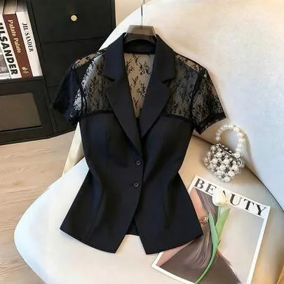 Lapel Contrast Color Lace Button-Up Jacket by Franclia