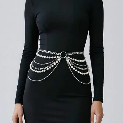 Multi-Layer Pearl Metal Tassel Waist Chain Body Chain by SHEIN