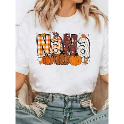 Retro Nana Pumpkin Fall Leaves Grandma Thanksgiving T-Shirt by SHEIN