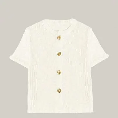 Button-Down Tailored Collar Knit Short-Sleeved Top by SHEIN