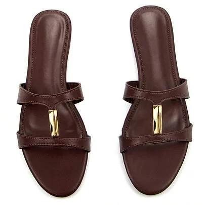 Gold Metal Accent PU Round Toe Slip-On Flat Mule Sandals