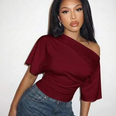 Off-Shoulder Loose Fit Waist Pleated T-Shirt by Slaydiva